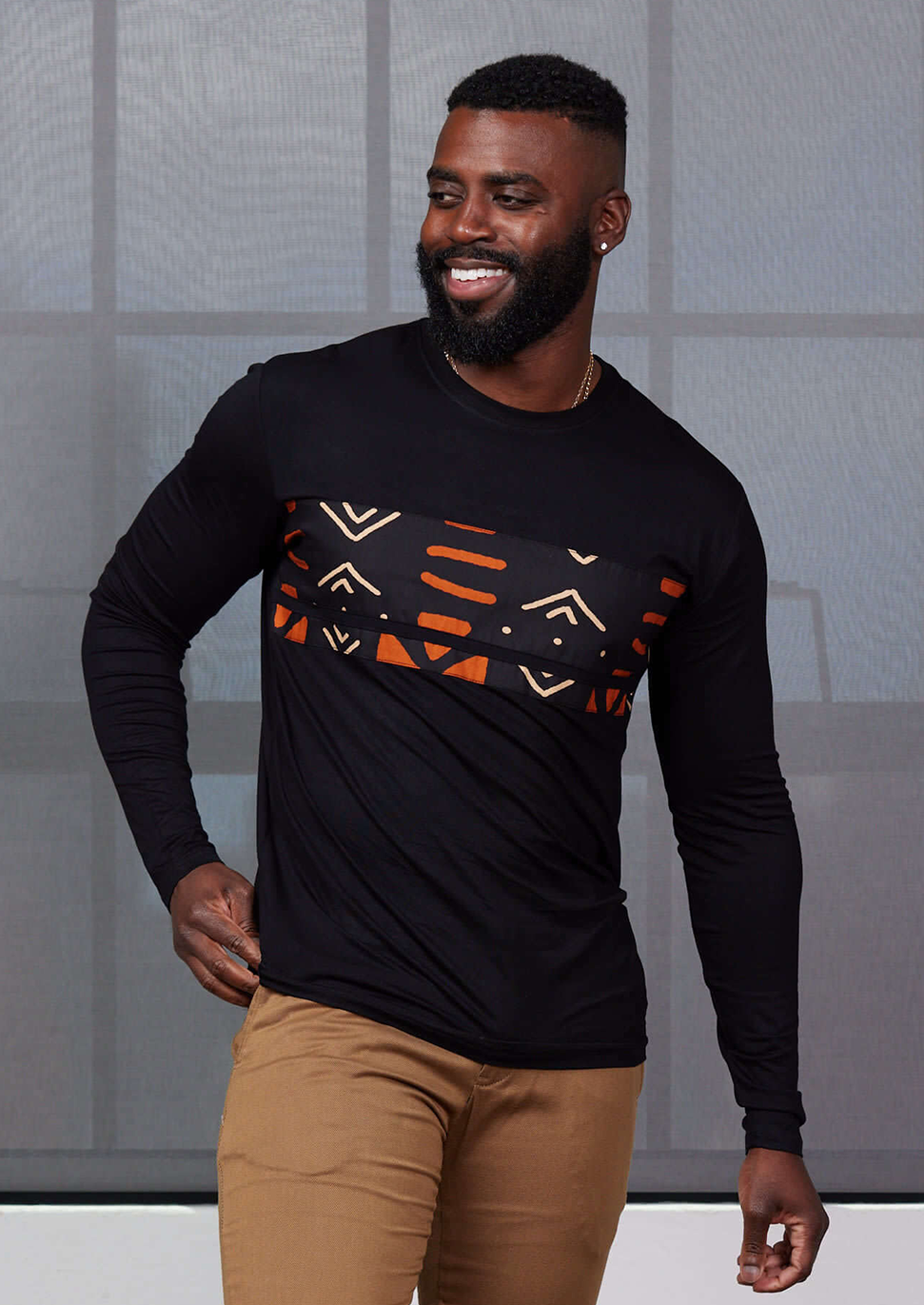 Ore Men's African Print Long Sleeve T-Shirt (Black/Natural Mudcloth) Black / XL