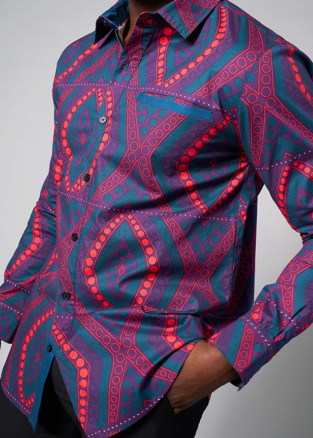 Mazi Men's African Print Button-up Shirt (Rhubarb Retro Diamonds)