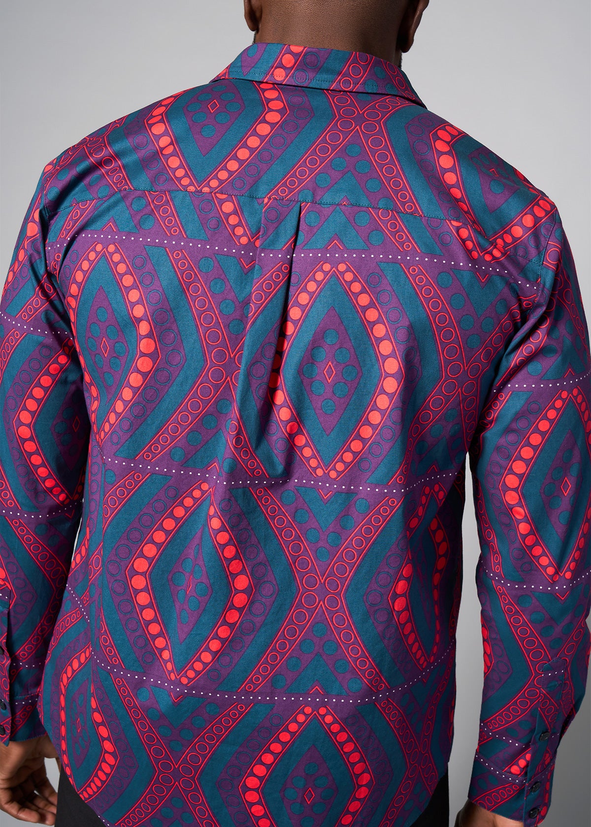 Mazi Men's African Print Button-up Shirt (Rhubarb Retro Diamonds)