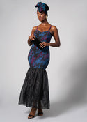 Hassia Women's African Print Stretch Dress with Tulle (Midnight Teal Abstract)