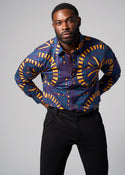 Mazi Men's African Print Button-up Shirt (Teal Plum Tiles)