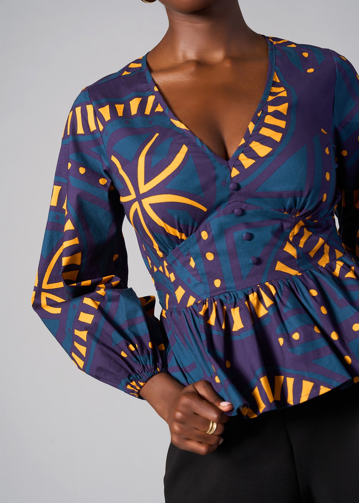 Imudara Women's African Print Peplum Blouse (Teal Plum Tiles)