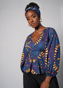 Imudara Women's African Print Peplum Blouse (Teal Plum Tiles)