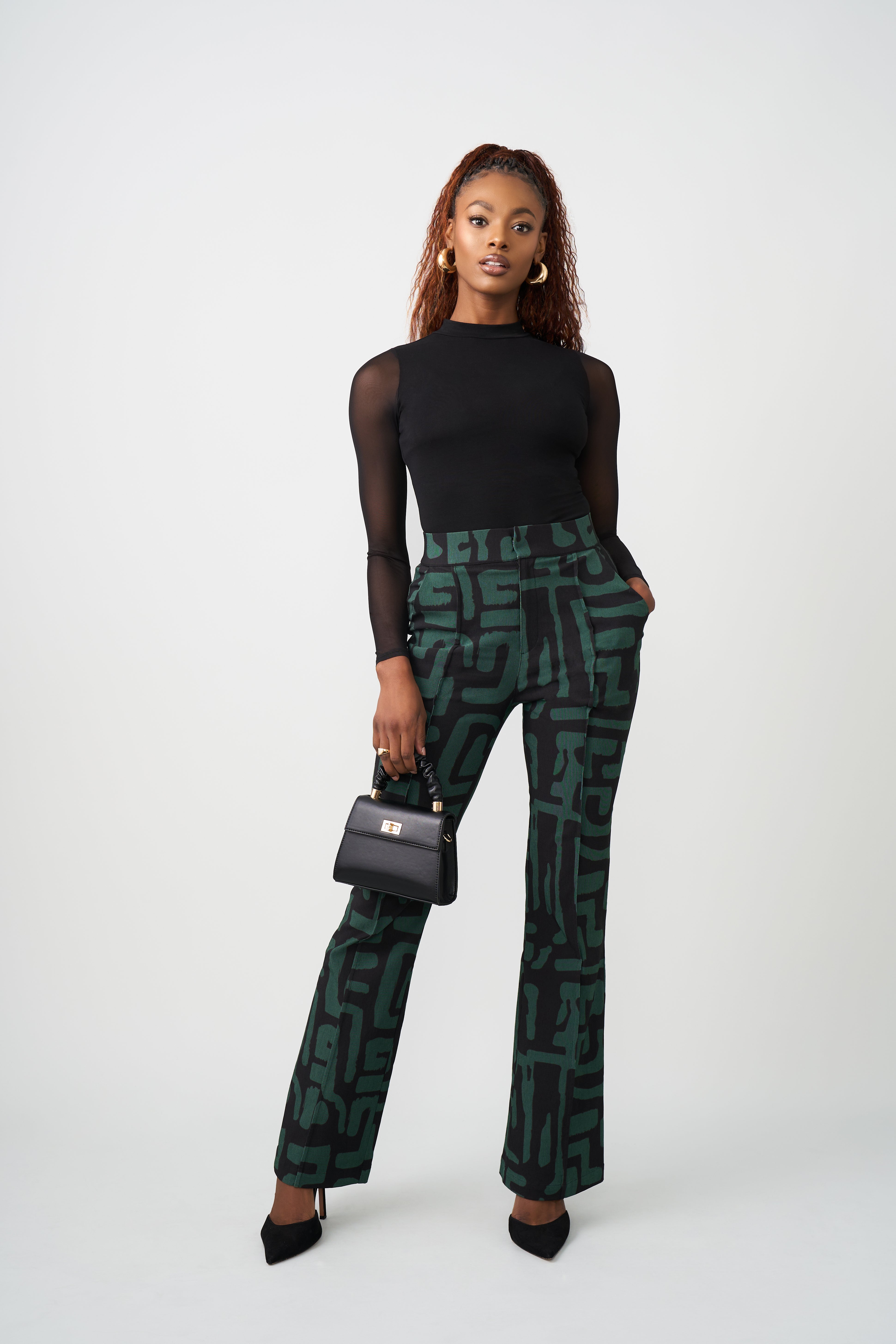 Abebe Women's African Print Stretch Wide Leg Pants (Black Malachite Geometric)