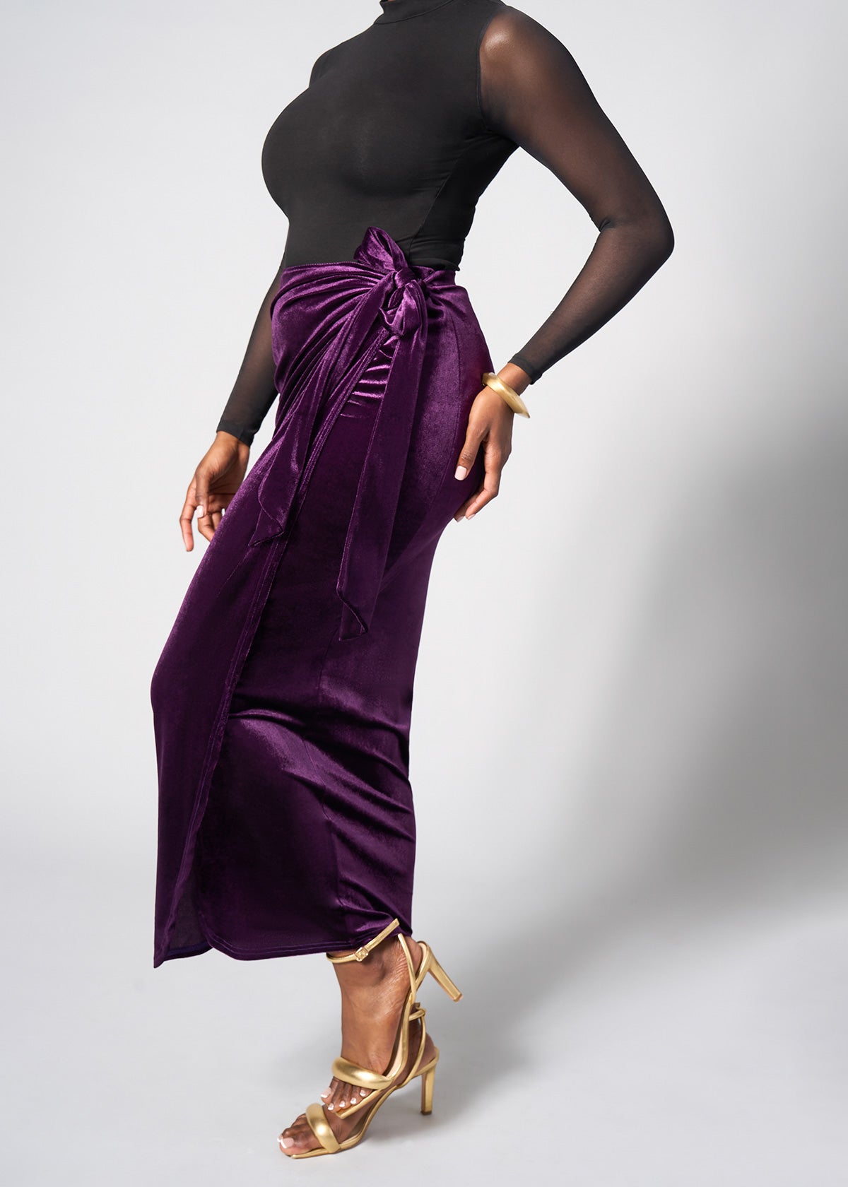 Tesafaye Women's Stretch Velvet Faux Wrap Skirt (Plum)