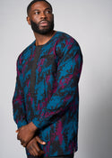 Ibrahim Men's African Print Traditional Top (Midnight Teal Adire)