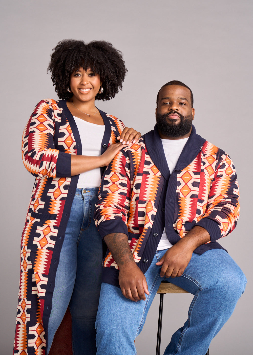 Aren African Print Button-Up Cardigan Sweater (Cream Orange Kente)