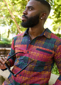 Mazi Men's African Print Button-up Shirt (Harvest Plaid Adire)