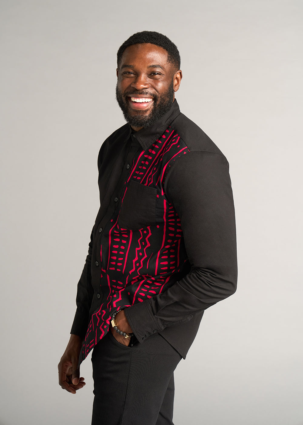 Abiade Men's African Print Button-Up Shirt (Black/Black Magenta Tribal) - Clearance