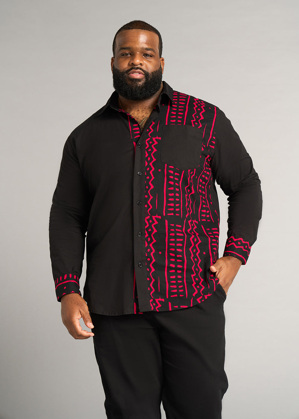 Abiade Men's African Print Button-Up Shirt (Black/Black Magenta Tribal) - Clearance