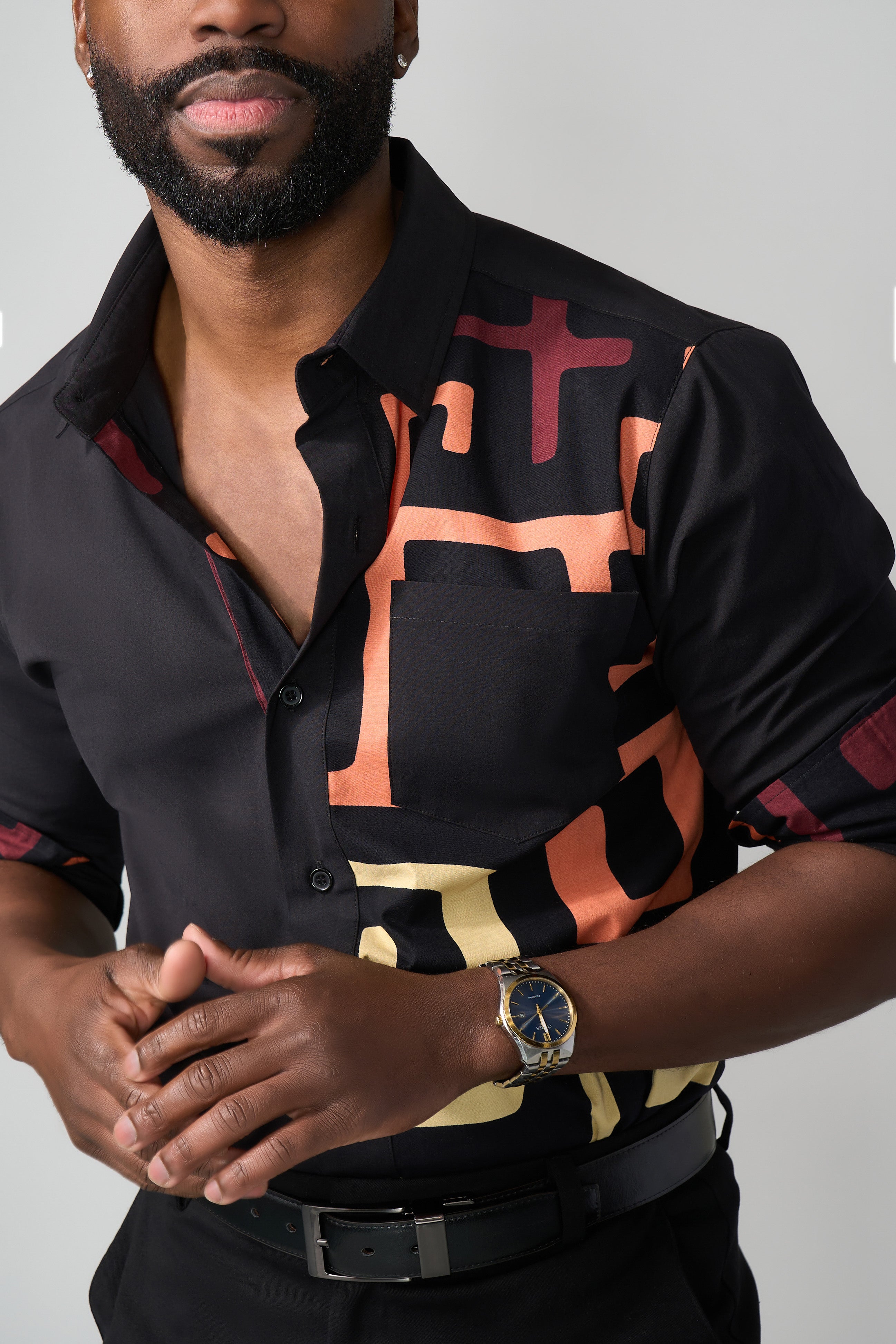 Abiade Men's African Print Button-Up Shirt (Neutral Kuba Geometric)