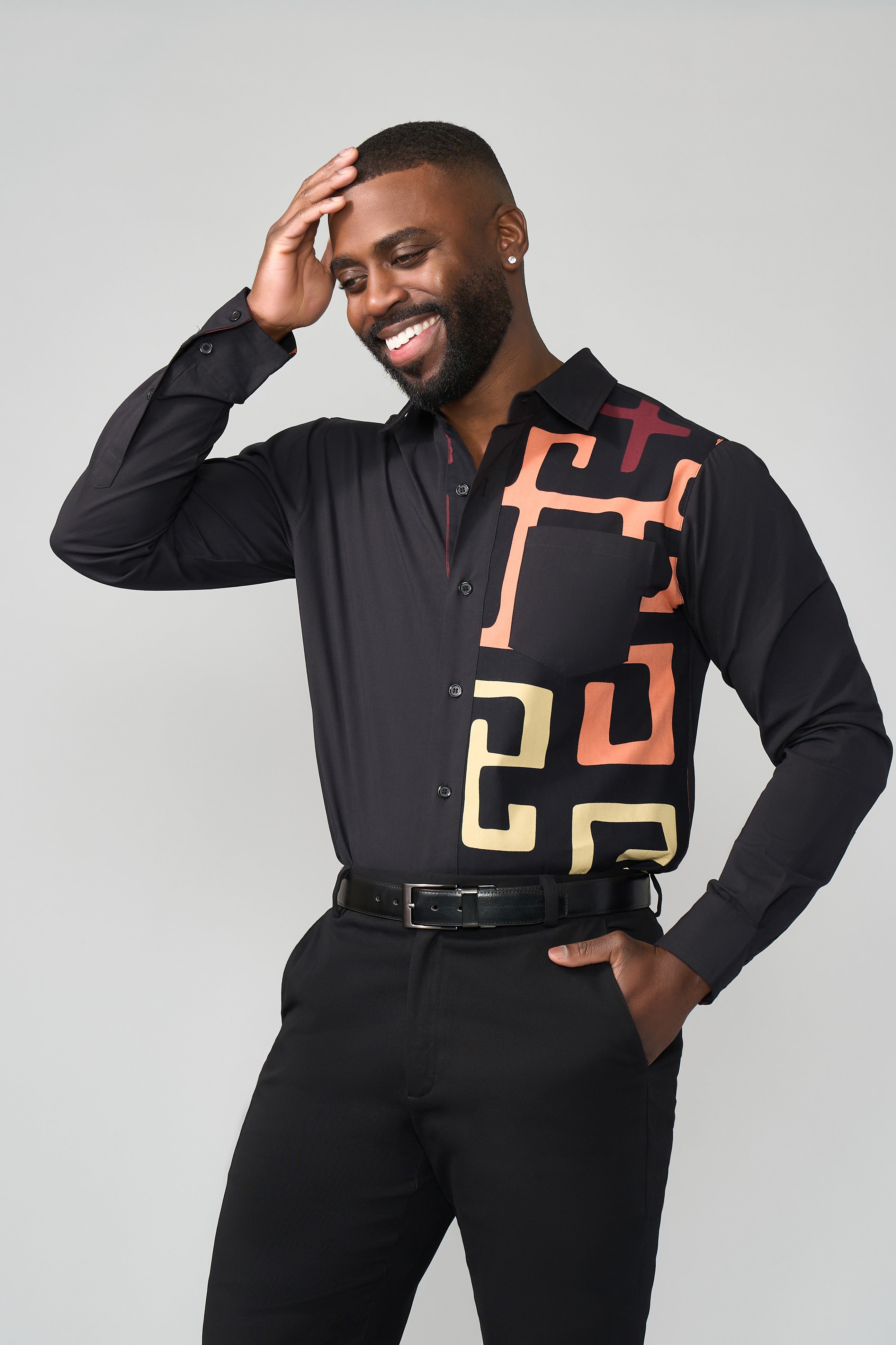 Abiade Men's African Print Button-Up Shirt (Neutral Kuba Geometric)