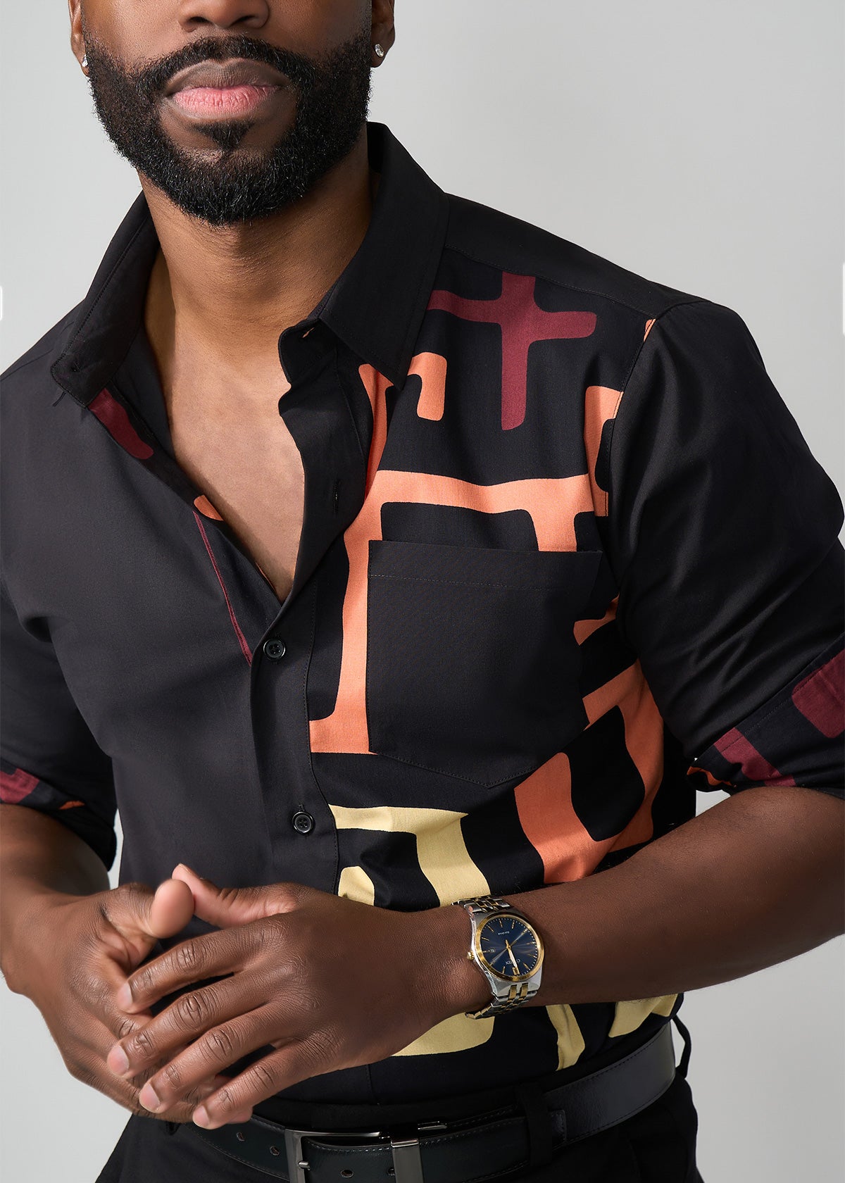 Abiade Men's African Print Button-Up Shirt (Neutral Kuba Geometric)