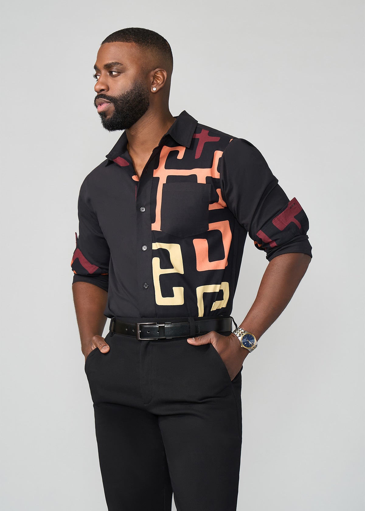 Abiade Men's African Print Button-Up Shirt (Neutral Kuba Geometric)