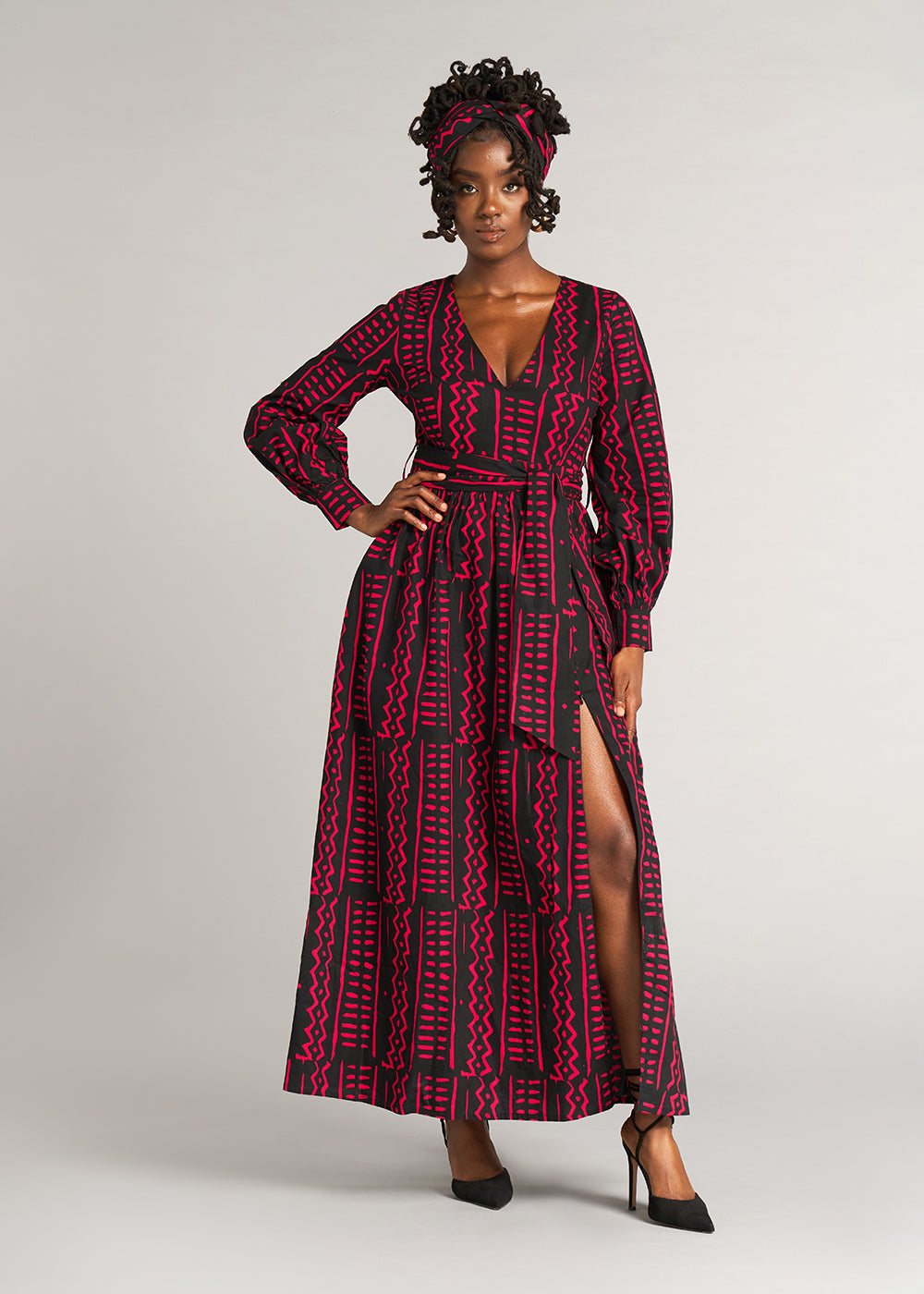 Abiba Women's African Print Maxi Dress (Black Magenta Tribal) - Clearance