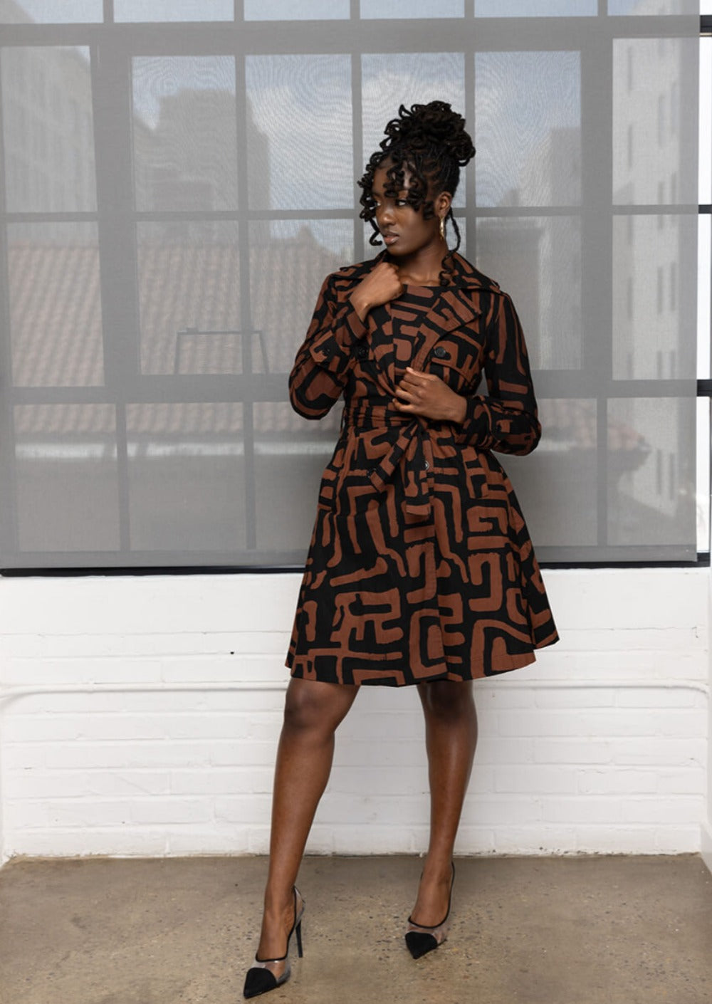 Adesina Women's African Print Utility Trench Coat (Espresso Geometric)