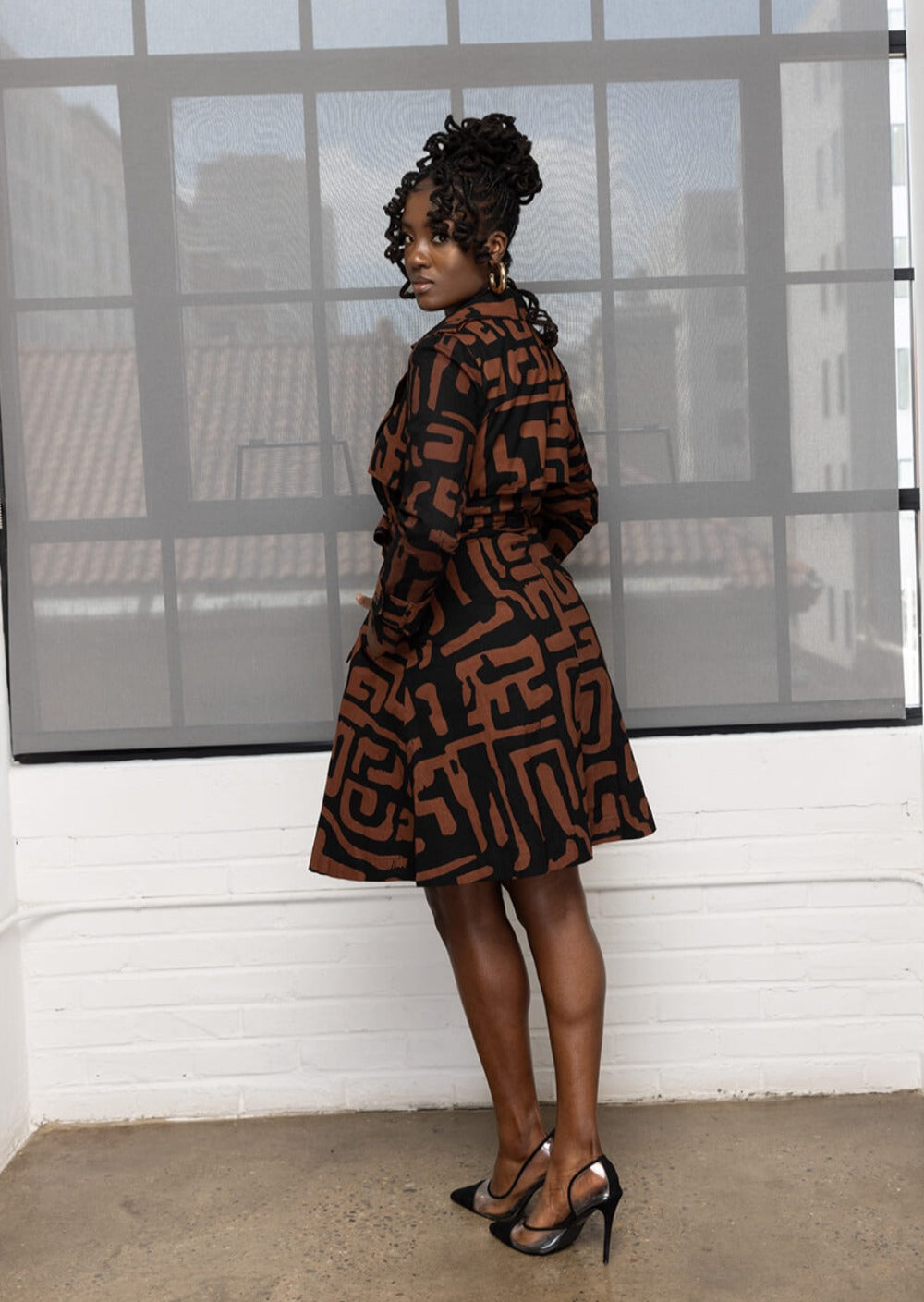 Adesina Women's African Print Utility Trench Coat (Espresso Geometric)