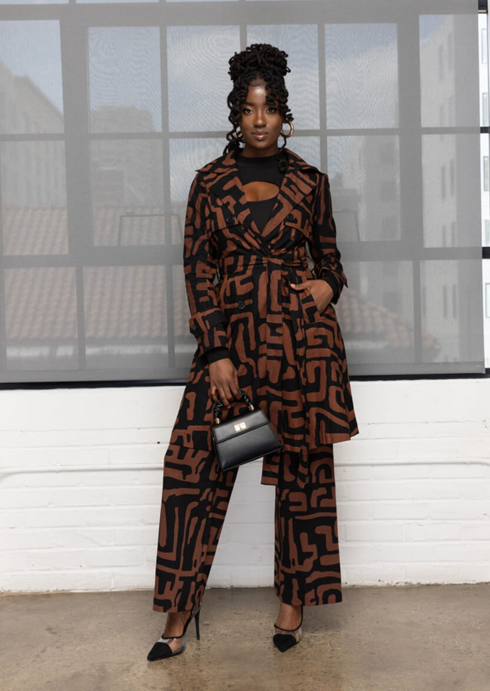 Adesina Women's African Print Utility Trench Coat (Espresso Geometric)