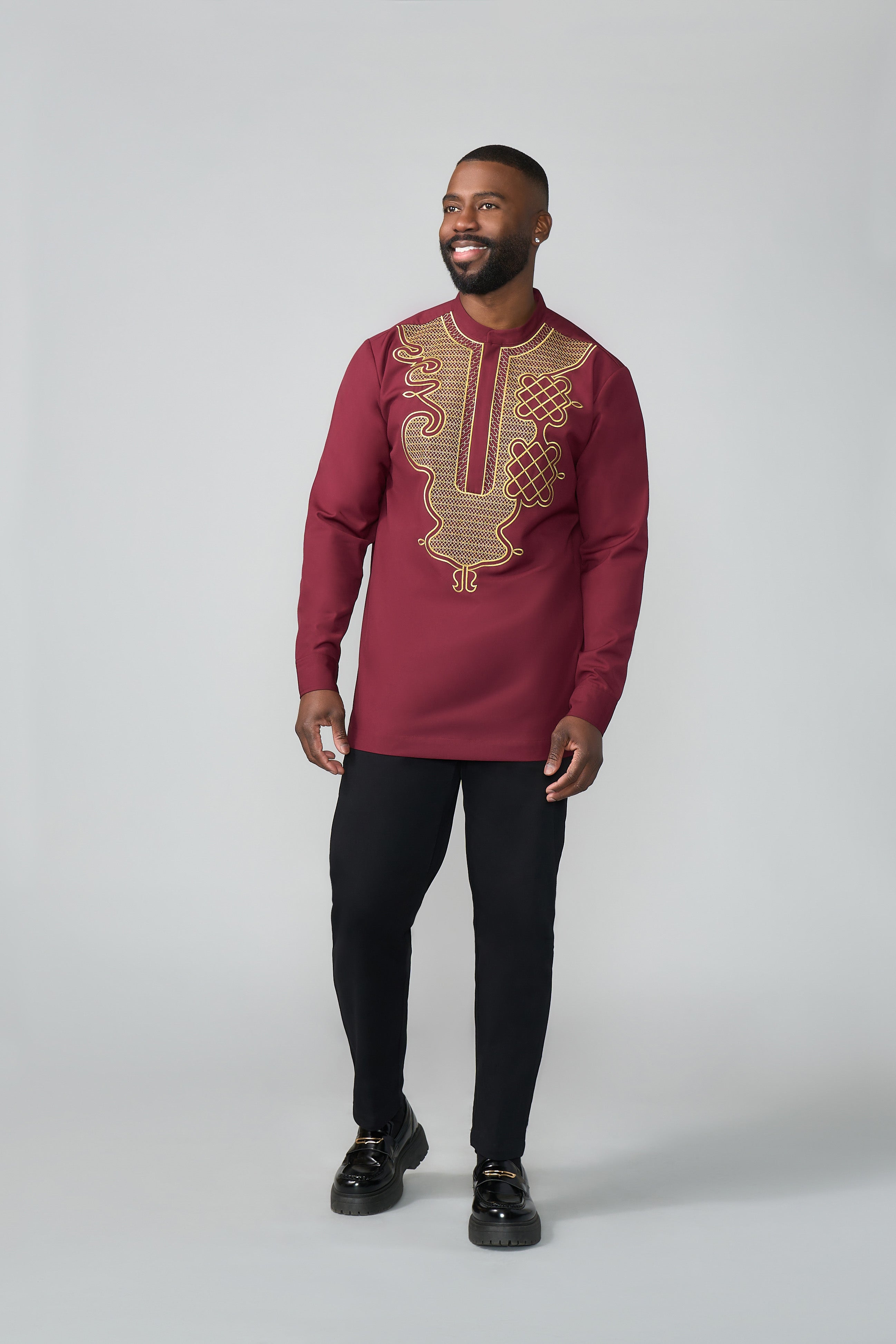 Afram Men's African Embroidered Traditional Top (Maroon)