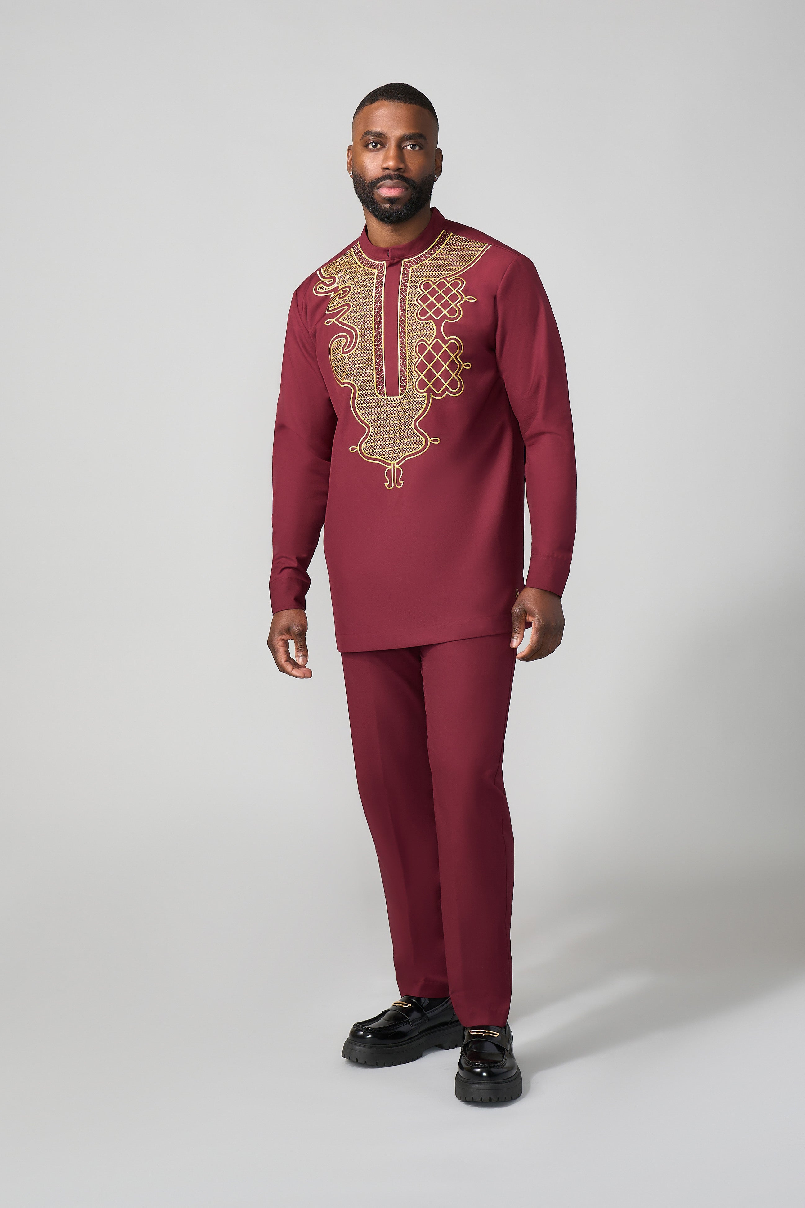 Afram Men's African Embroidered Traditional Top (Maroon)