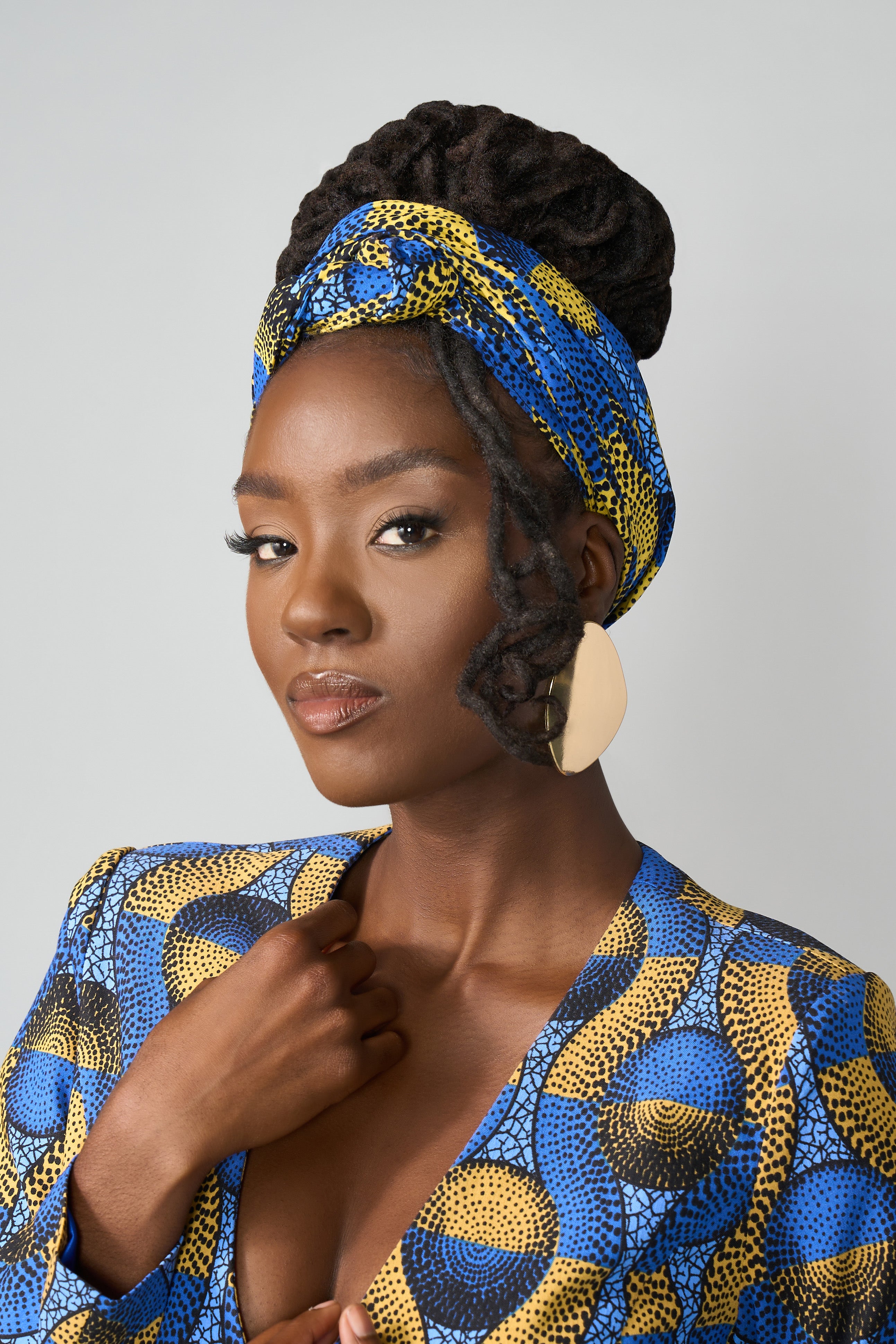 African Print Headwrap/Scarf (Blue Gold Circles)