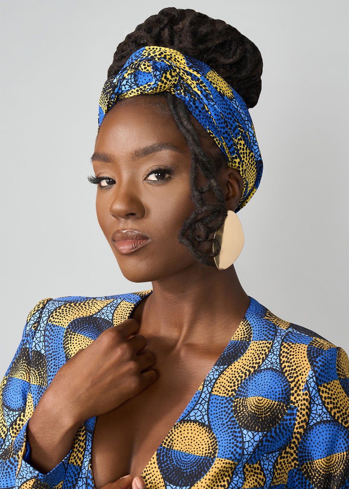 African Print Headwrap/Scarf (Blue Gold Circles)