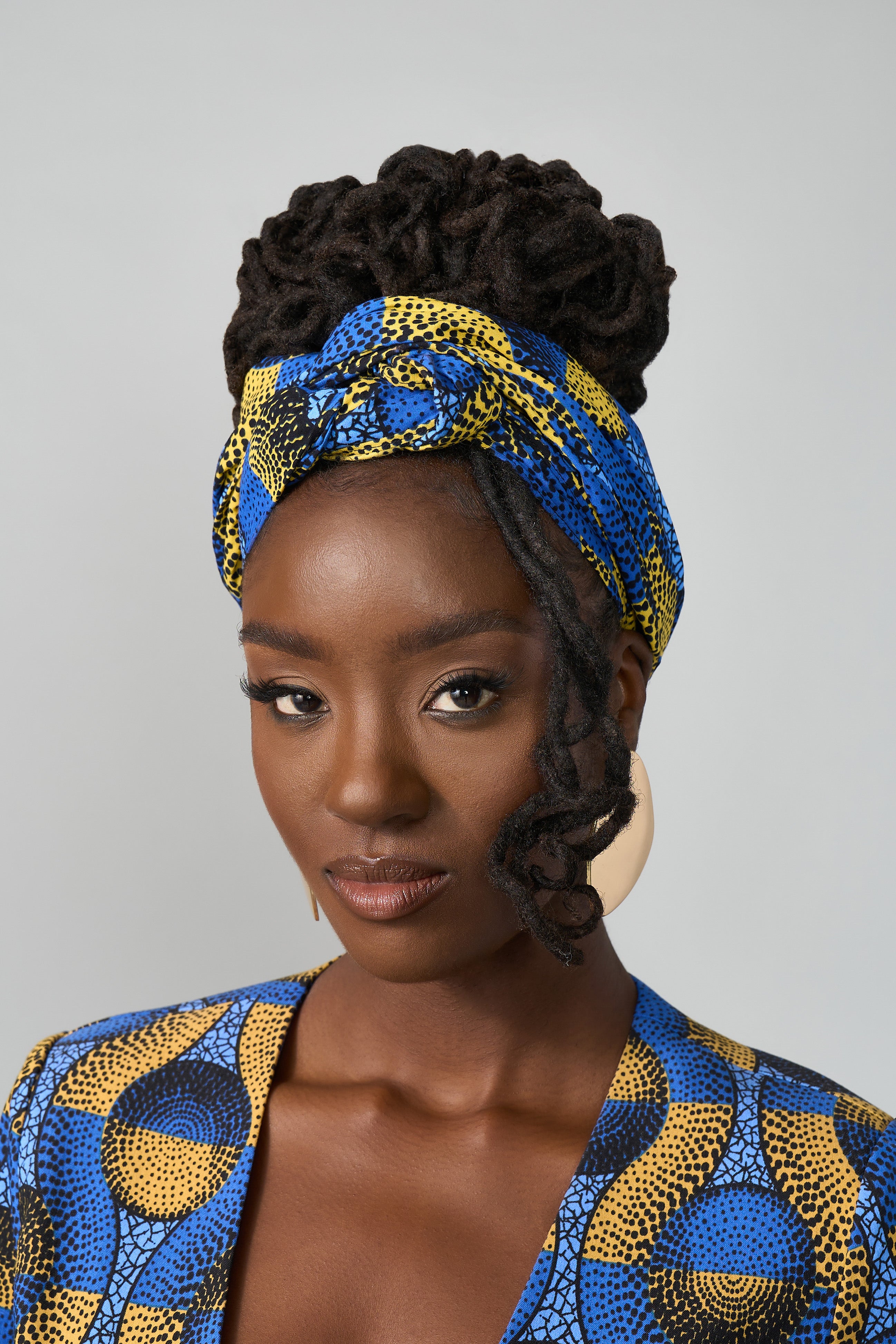 African Print Headwrap/Scarf (Blue Gold Circles)