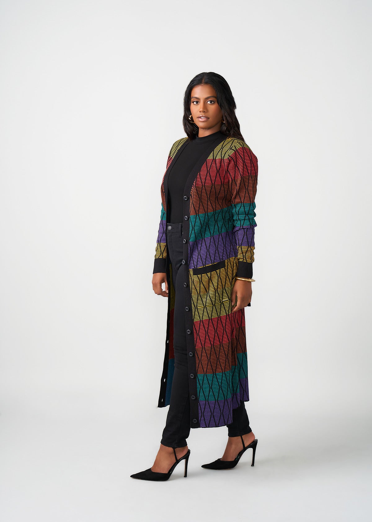 Aisha Women's African Print Cardigan (Rainbow Diamond Stripes)