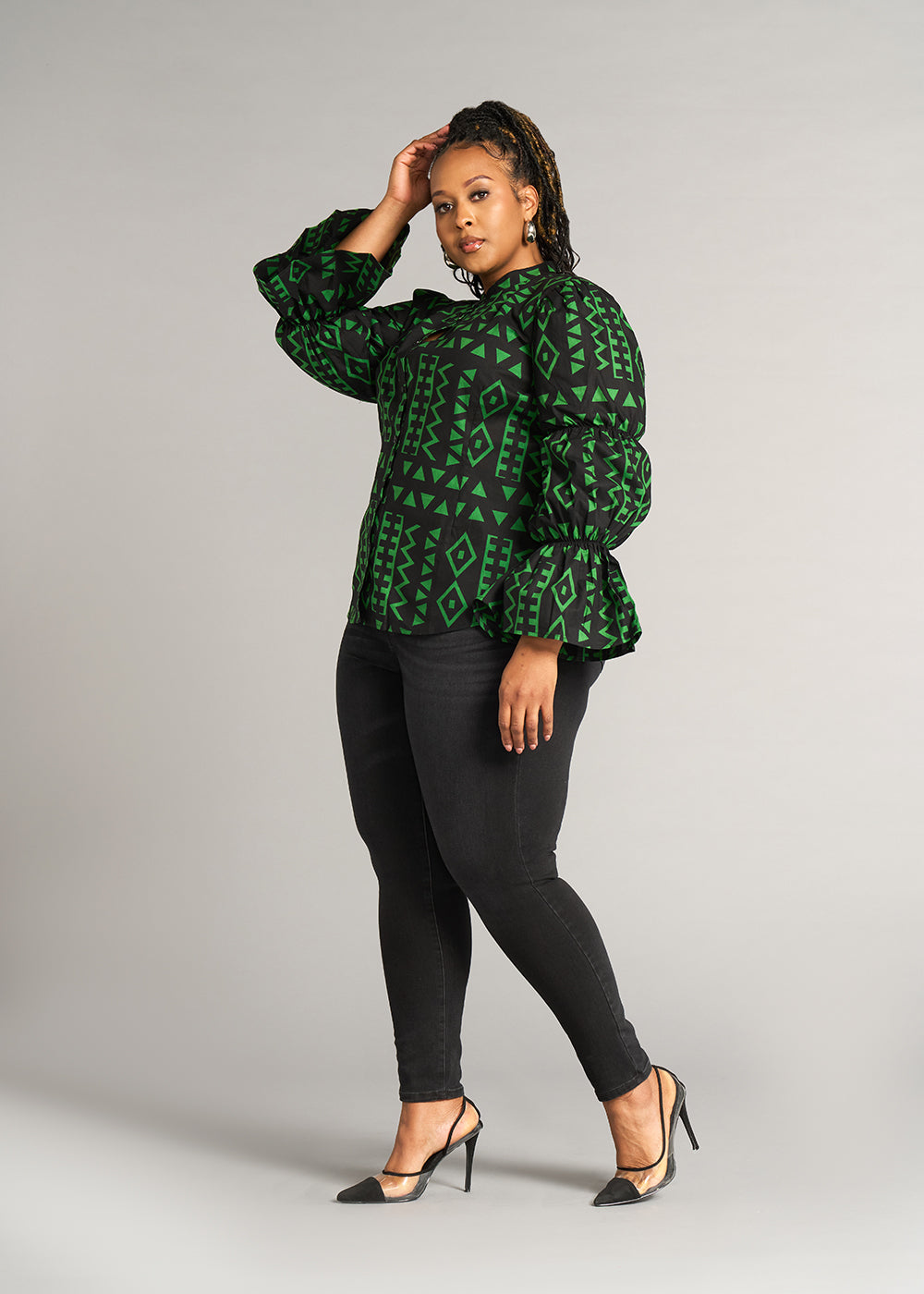 Amari Women's African Print Button-Up Top (Moss Black Geometric)