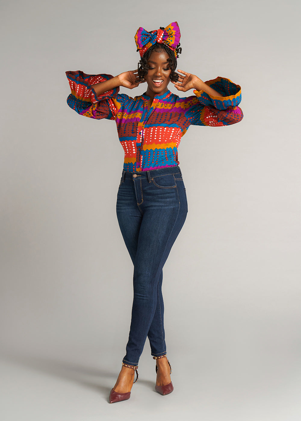 D IYANU Amari Women s African Print Button Up Top Orange Teal Adire Clearance Multicolor L