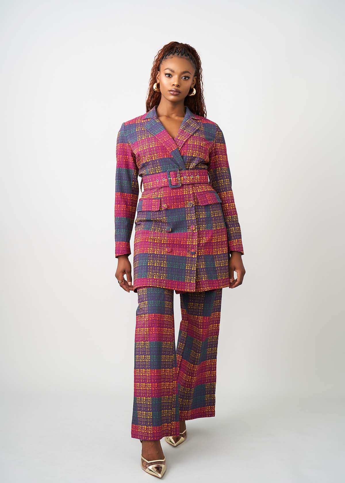 Aniq Women's African Print Stretch Blazer Dress (Harvest Plaid Adire)