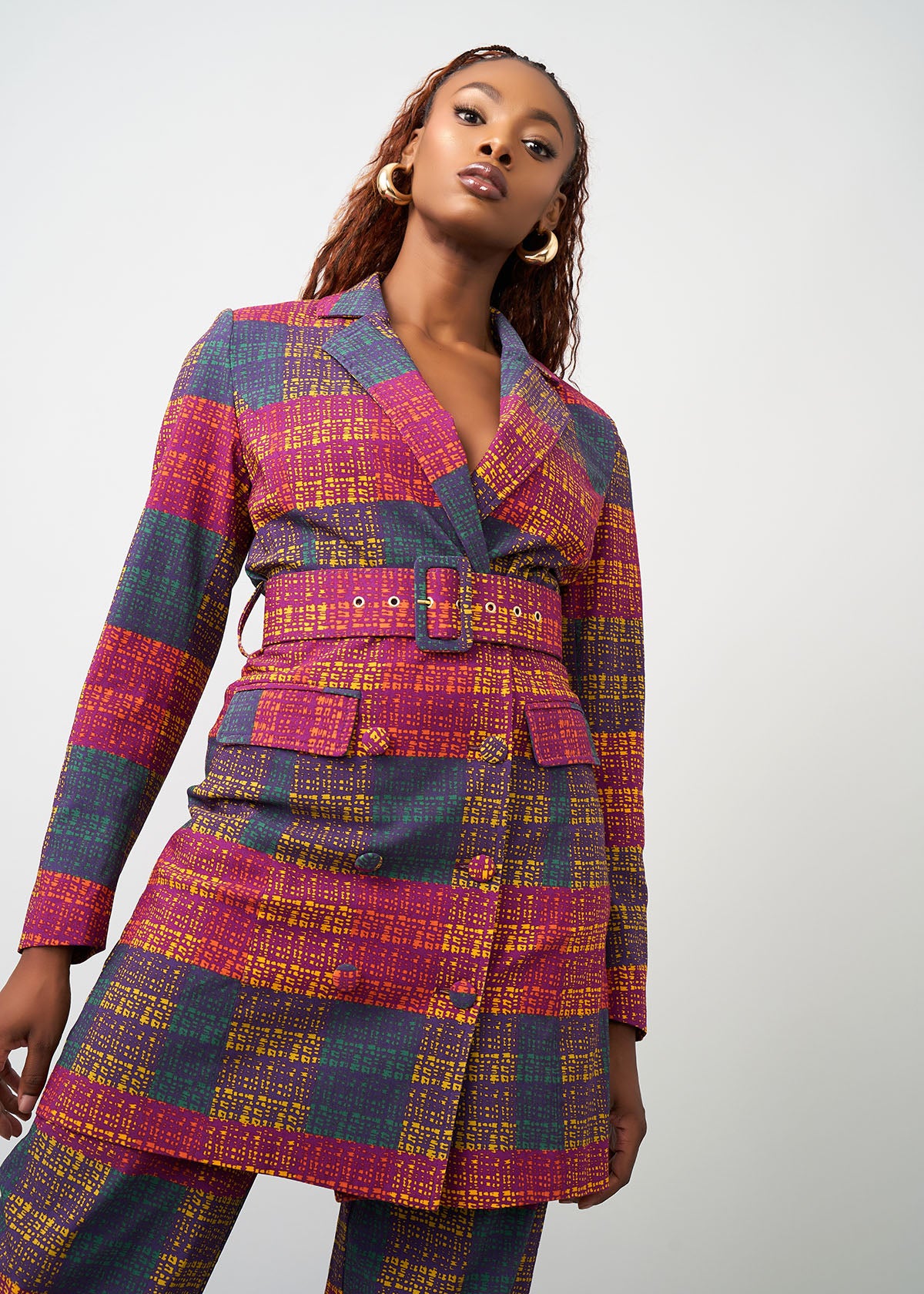 Aniq Women's African Print Stretch Blazer Dress (Harvest Plaid Adire)