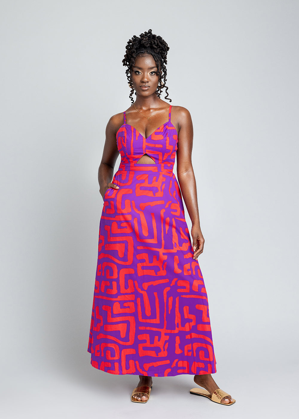 Anjiola Women's African Print Maxi Dress (Purple Red Geometric)