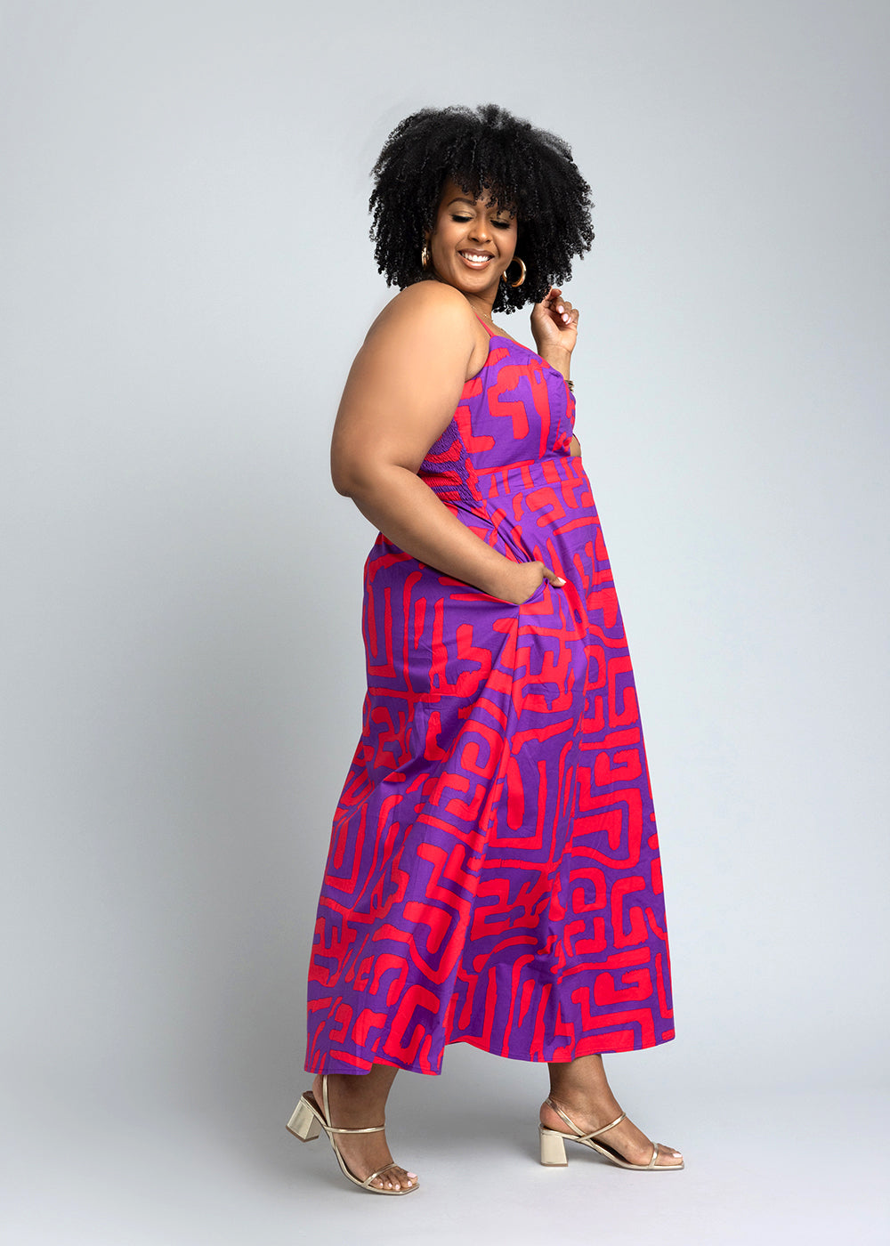 Anjiola Women's African Print Maxi Dress (Purple Red Geometric)