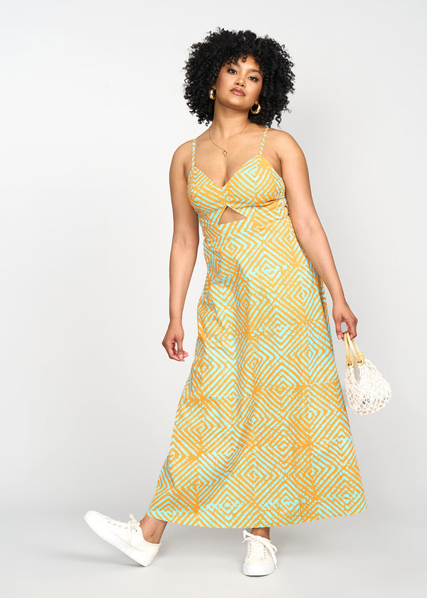 Anjiola Women's African Print Maxi Dress (Orange Blue Adire)
