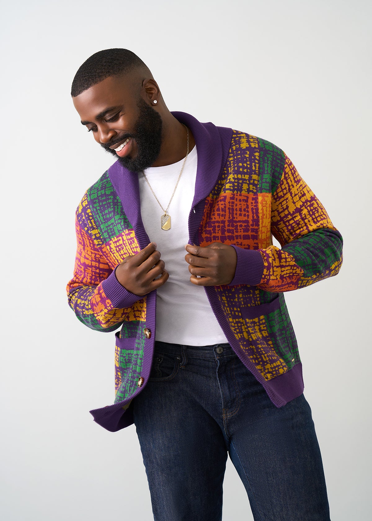 Aren Men's African Print Cardigan Sweater (Harvest Plaid Adire)