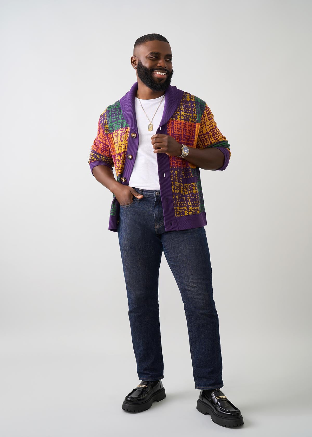 Aren Men's African Print Cardigan Sweater (Harvest Plaid Adire)