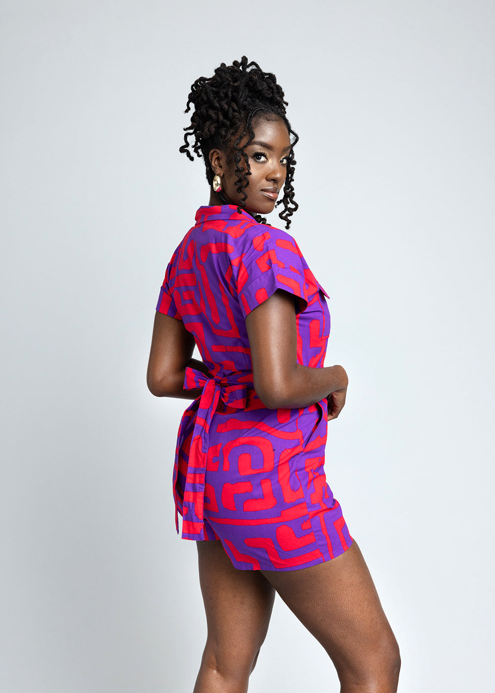 Asale Women's African Print Romper (Purple Red Geometric)