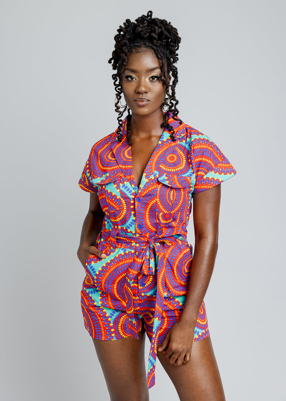 Asale Women's African Print Romper (Turquoise Red Circles)