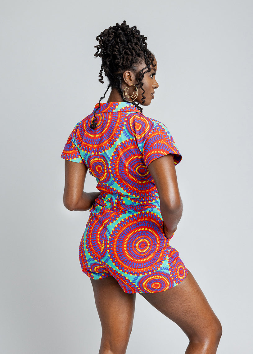 Asale Women's African Print Romper (Turquoise Red Circles)