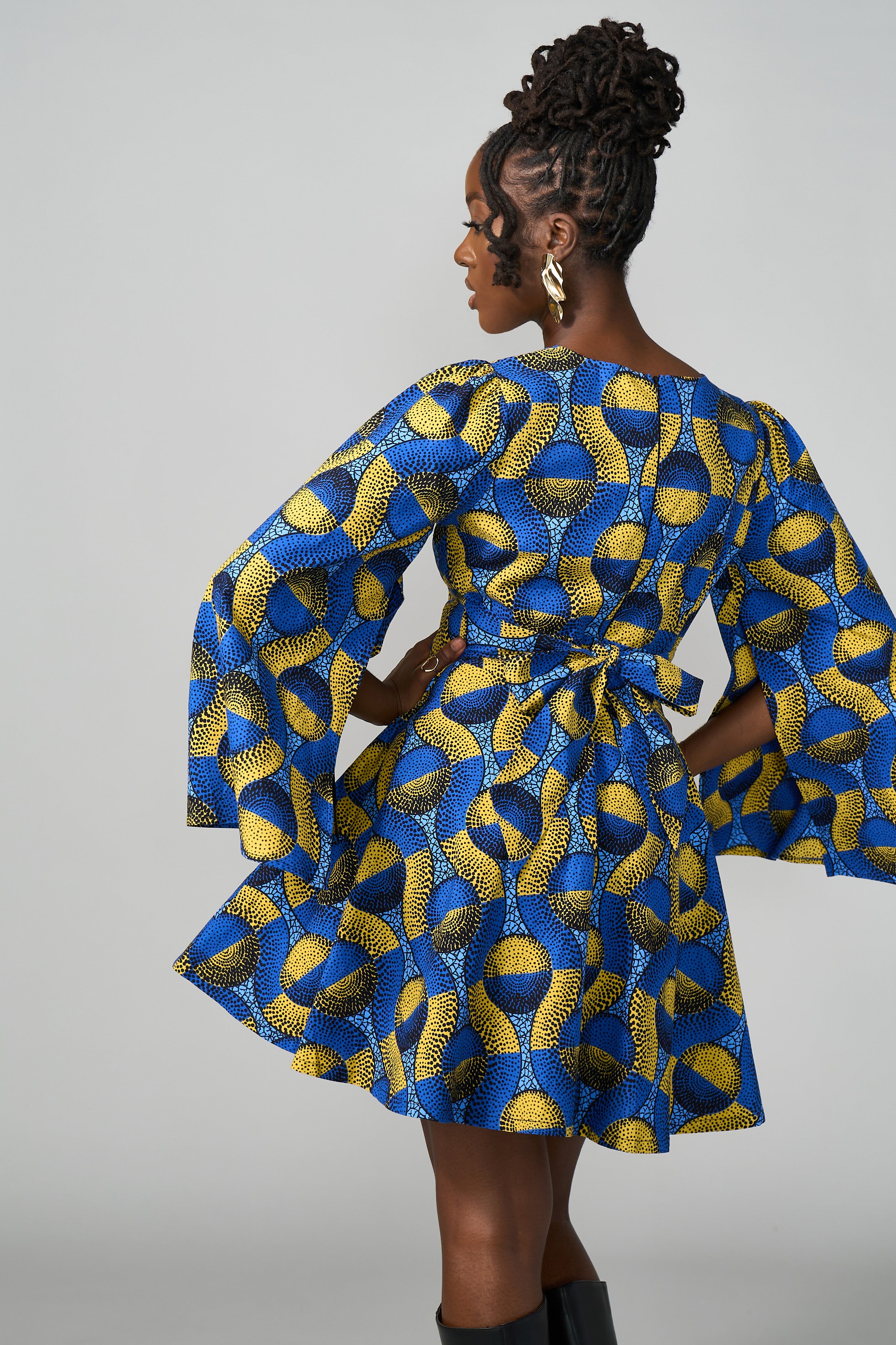 Cali Women's African Print Dress (Blue Gold Circles)