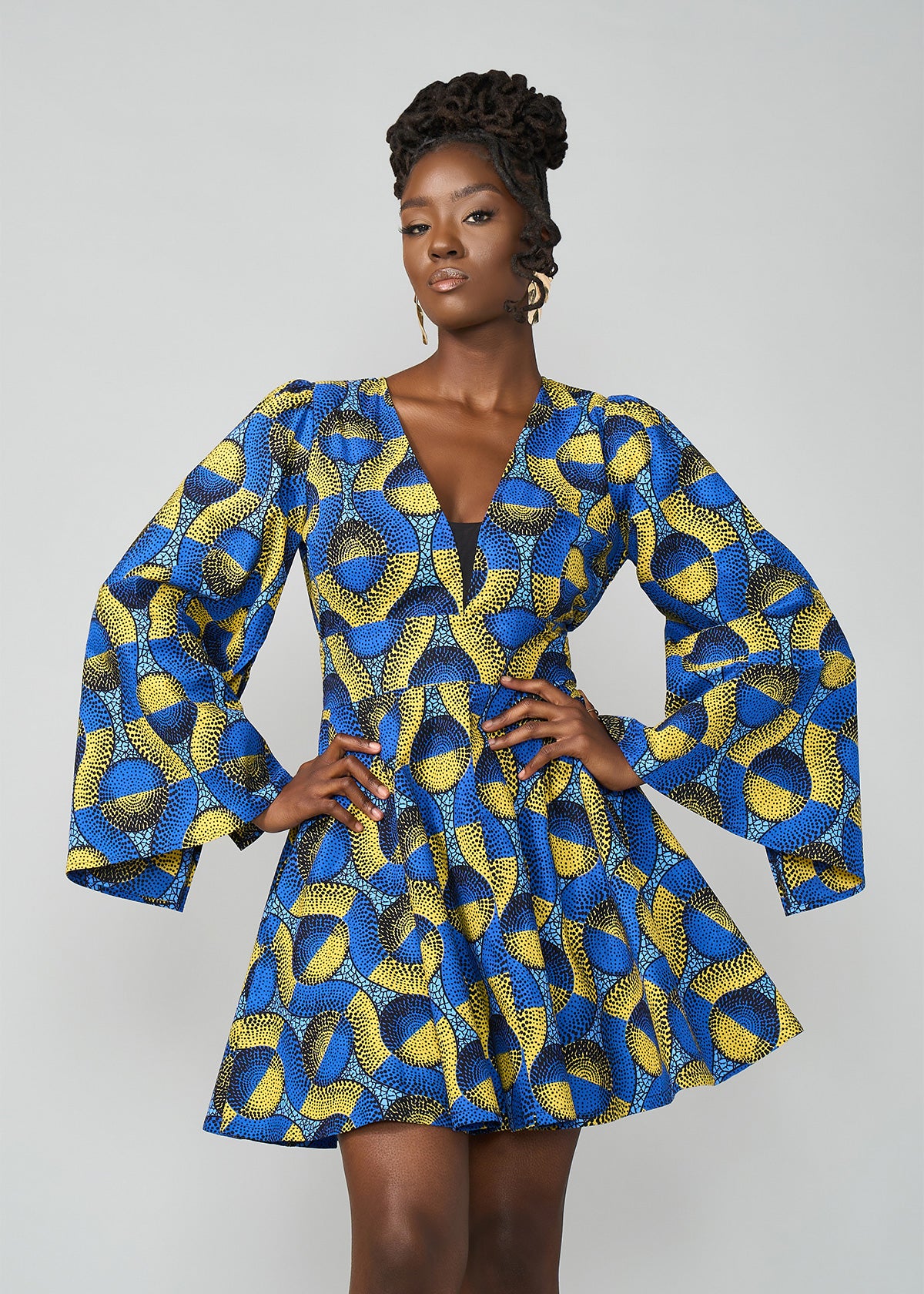 Cali Women's African Print Dress (Blue Gold Circles)