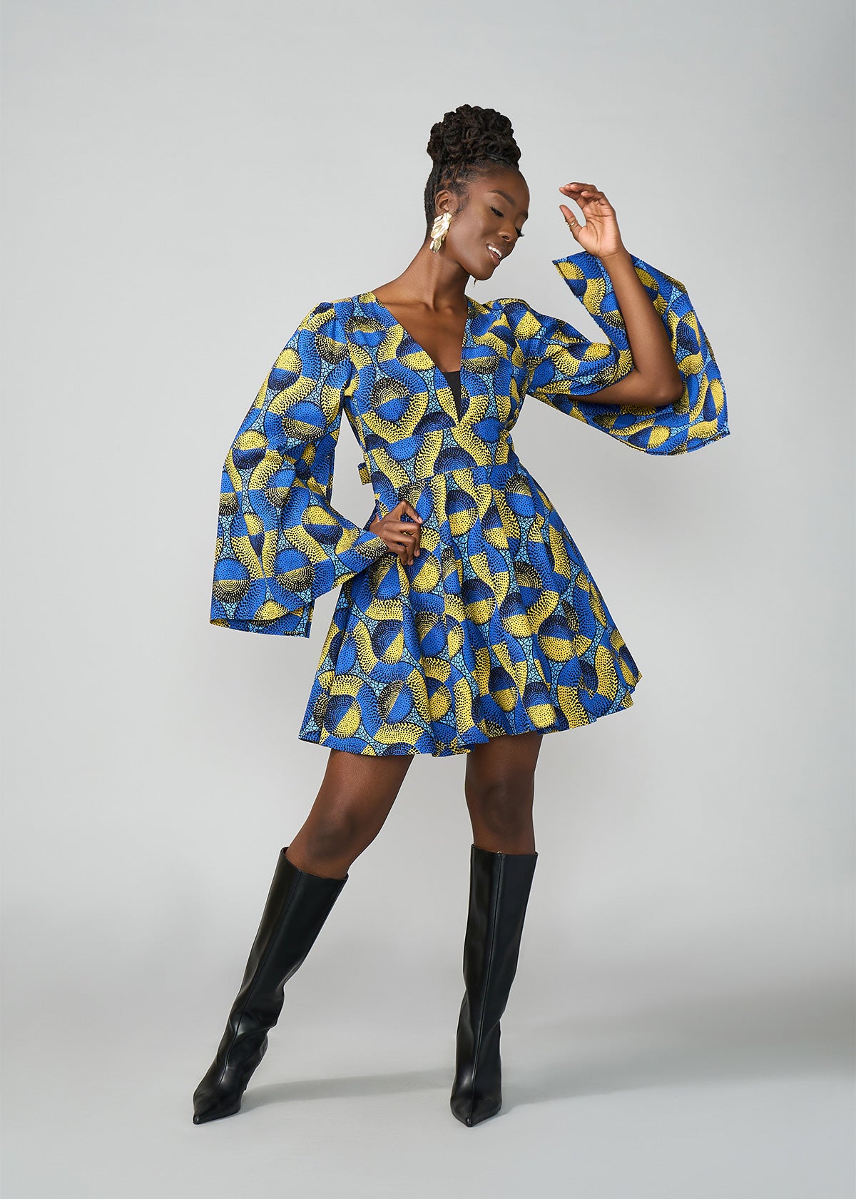 Cali Women's African Print Dress (Blue Gold Circles)