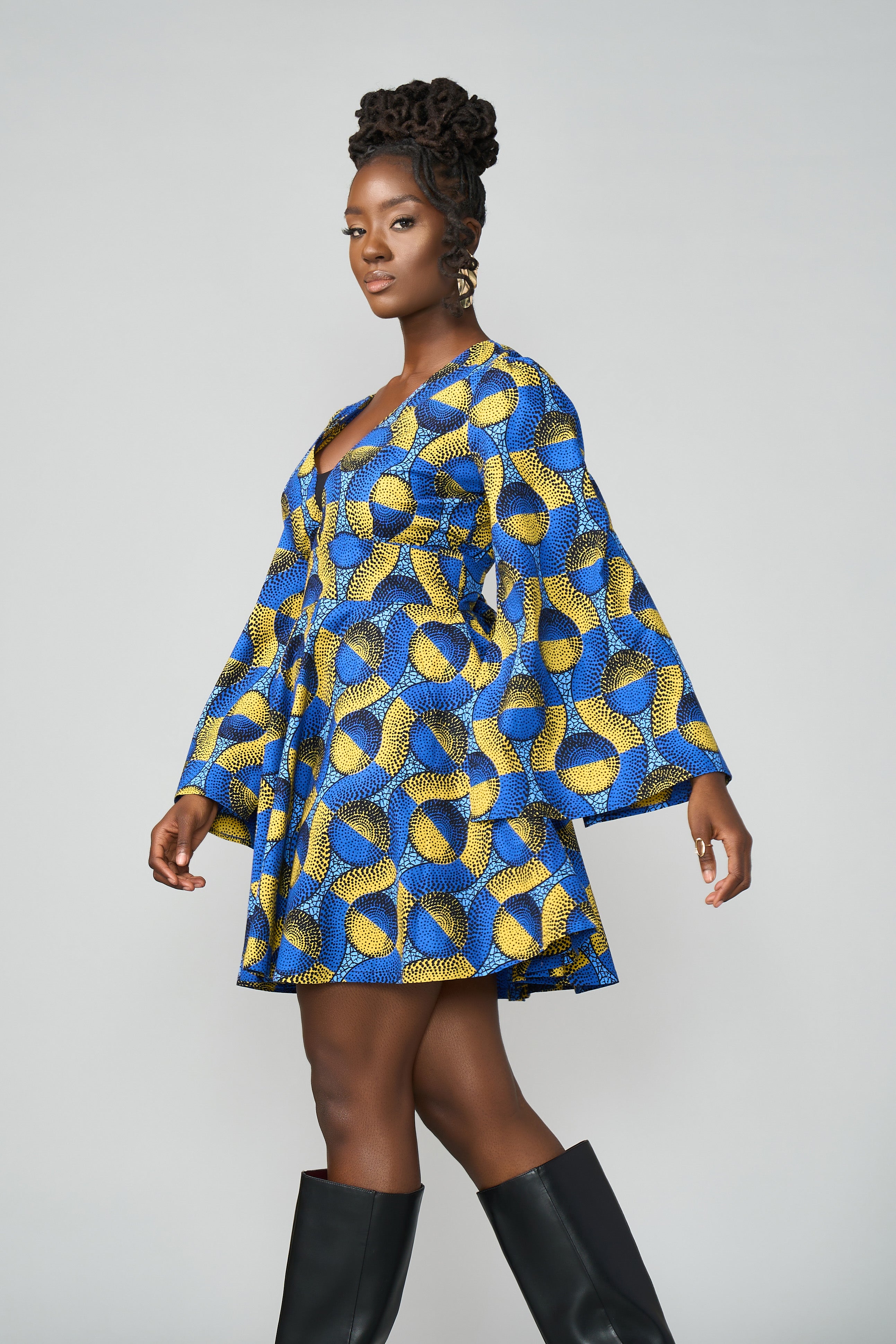 Cali Women's African Print Dress (Blue Gold Circles)