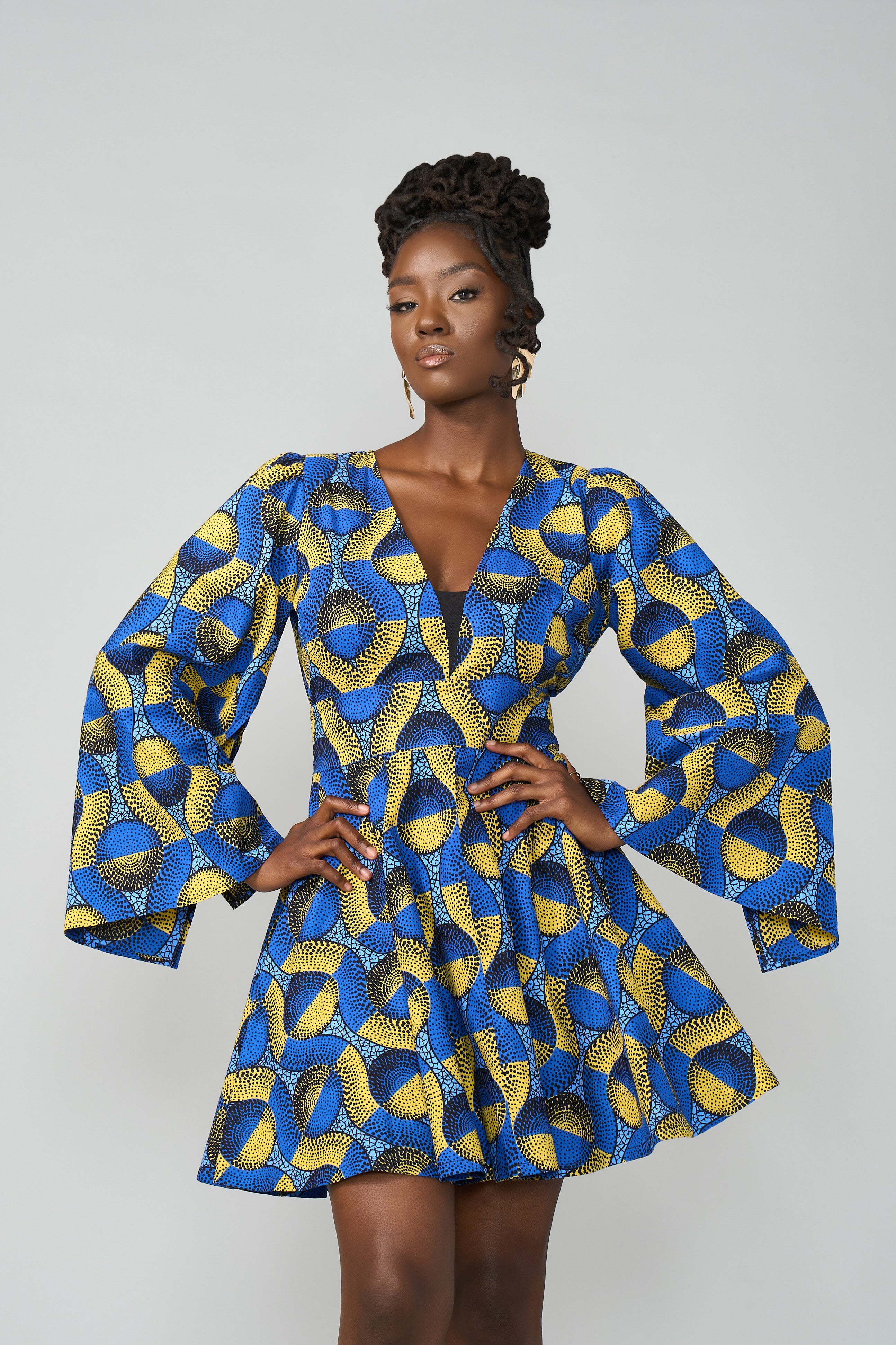 Cali Women's African Print Dress (Blue Gold Circles)