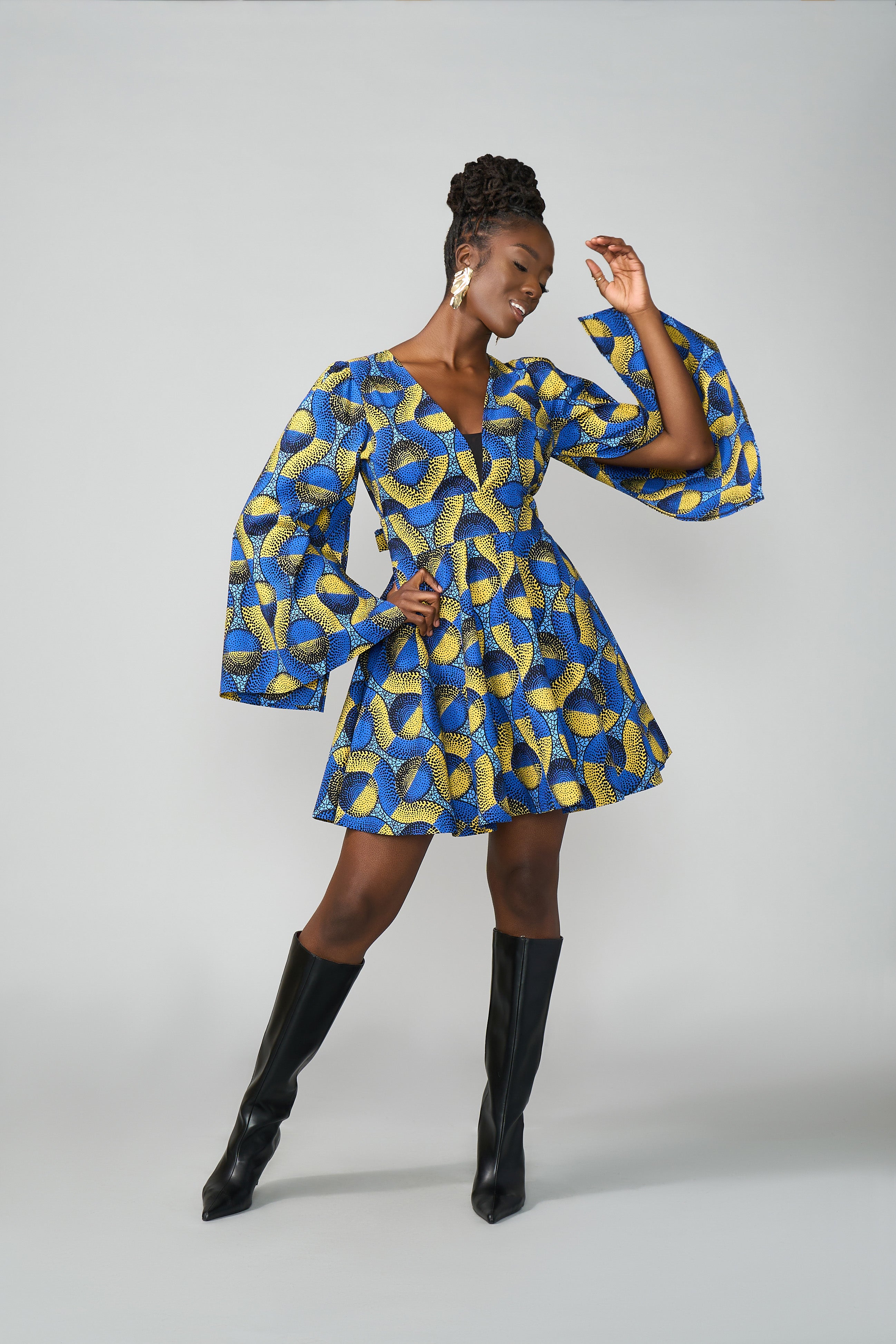 Cali Women's African Print Dress (Blue Gold Circles)