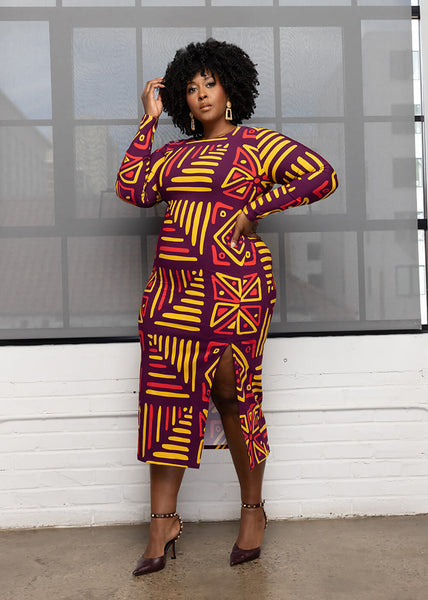 Chidima Women's African Print Stretch Midi Dress (Plum Gold Tribal) –  D'IYANU
