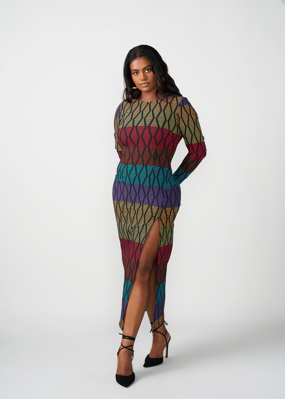 Chidima Women's African Print Stretch Tunic (Rainbow Diamond Stripes)