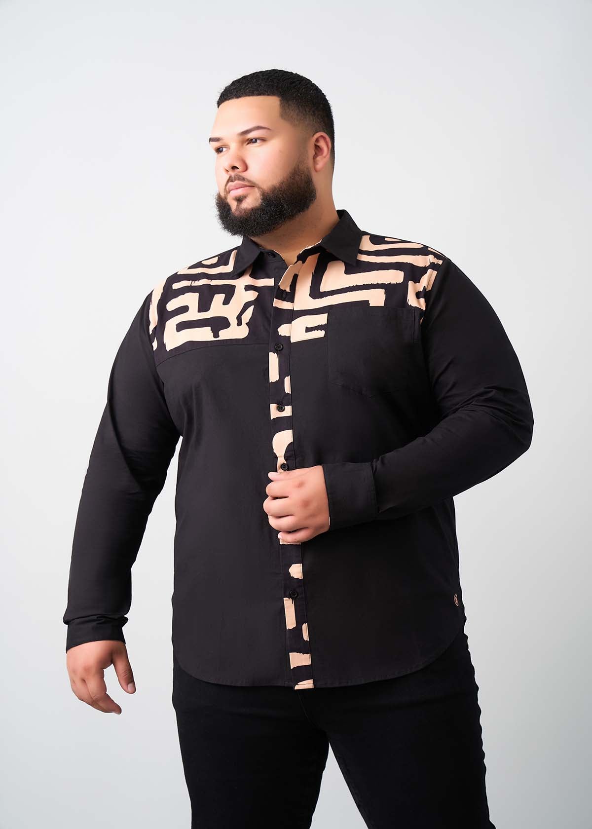 Chike Men's African Print Button-up Shirt (Black Tan Geometric)