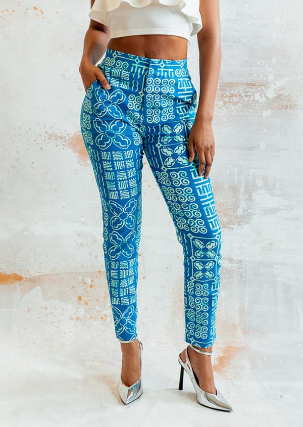 Talia Women's African Print Stretch Woven Pants (Cool Blue Adire